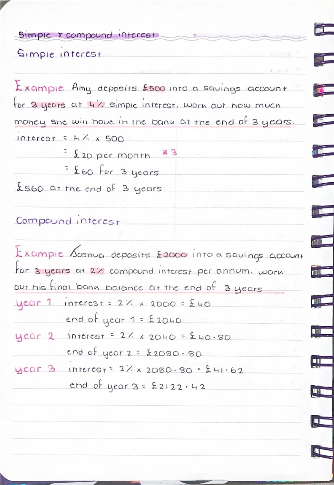 Simpic compound interest
Simple interest
Example Amy deposits £500 into a savings account
for 3 years at 4% simple interest. worn out how