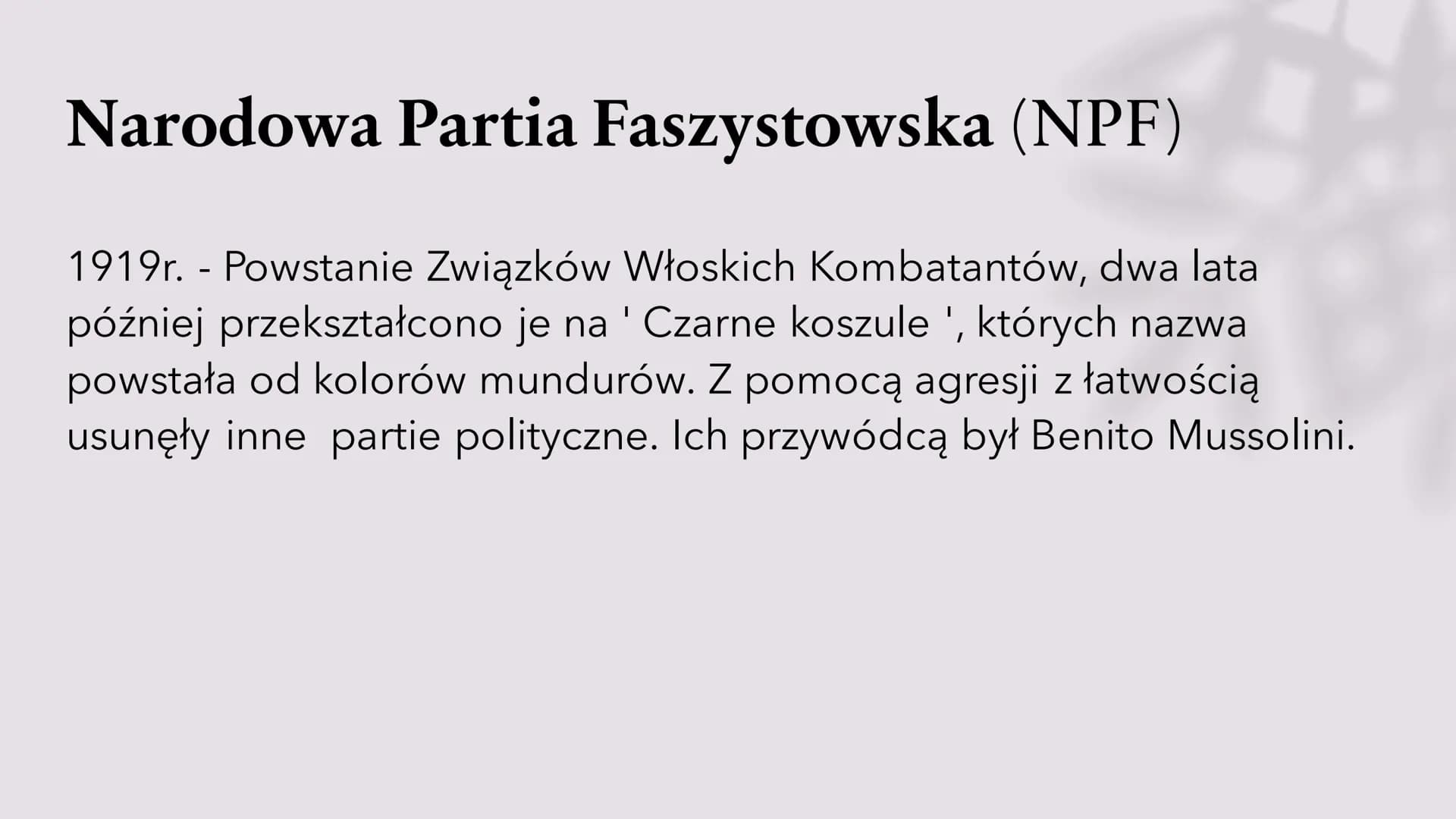 # Narodziny faszyzmu
Faszyzm, nazizm, A. Hitler, B. Mussolini Faszyzm we
Włoszech
Powodem narodzin faszyzmu we Włoszech
była m. in. sytuac