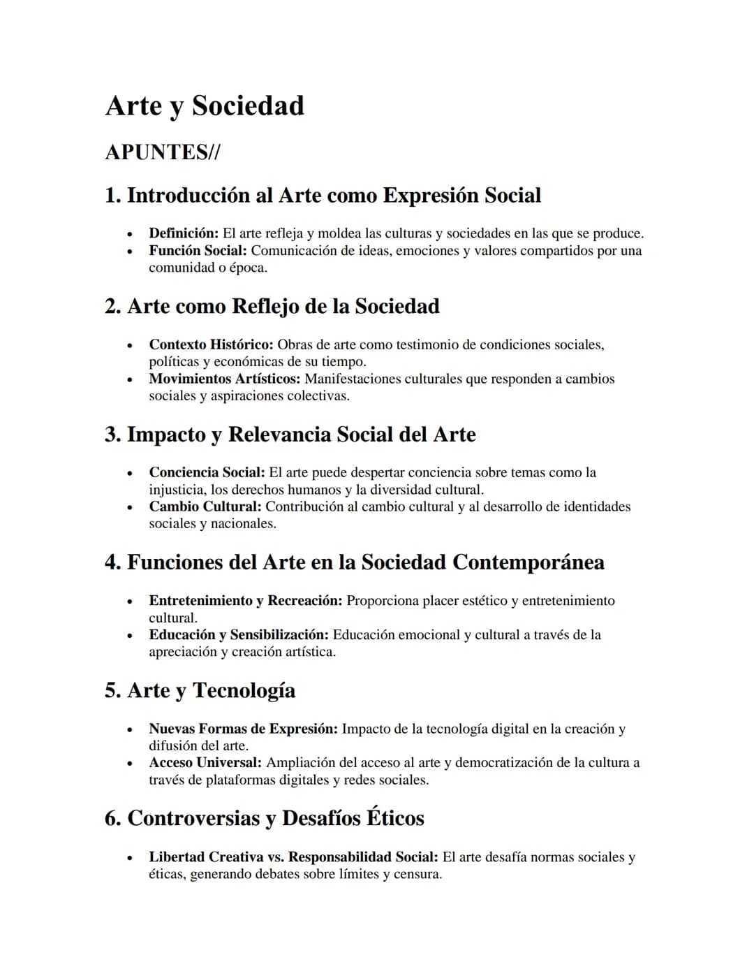 # Arte y Sociedad
APUNTES//
1. Introducción al Arte como Expresión Social
- Definición: El arte refleja y moldea las culturas y sociedade