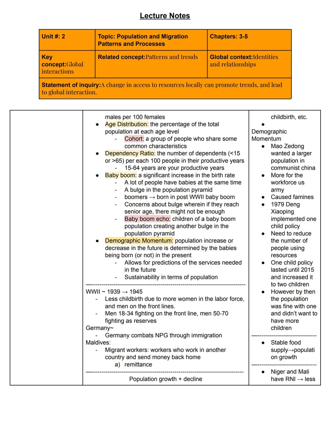 # Lecture Notes
Unit #: 2
Topic: Population and Migration
Patterns and Processes
Chapters: 3-5
Key
concept:Global
interactions
Related