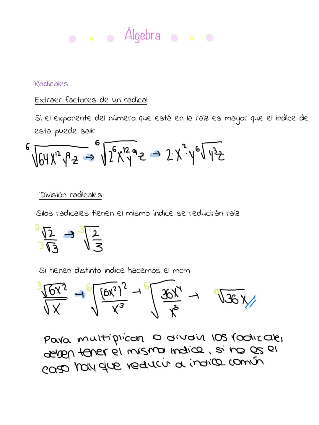 # Álgebra
Radicales
Extraer factores de un radical
Si el exponente del número que está en la raíz es mayor que el indice de
esta puede sa