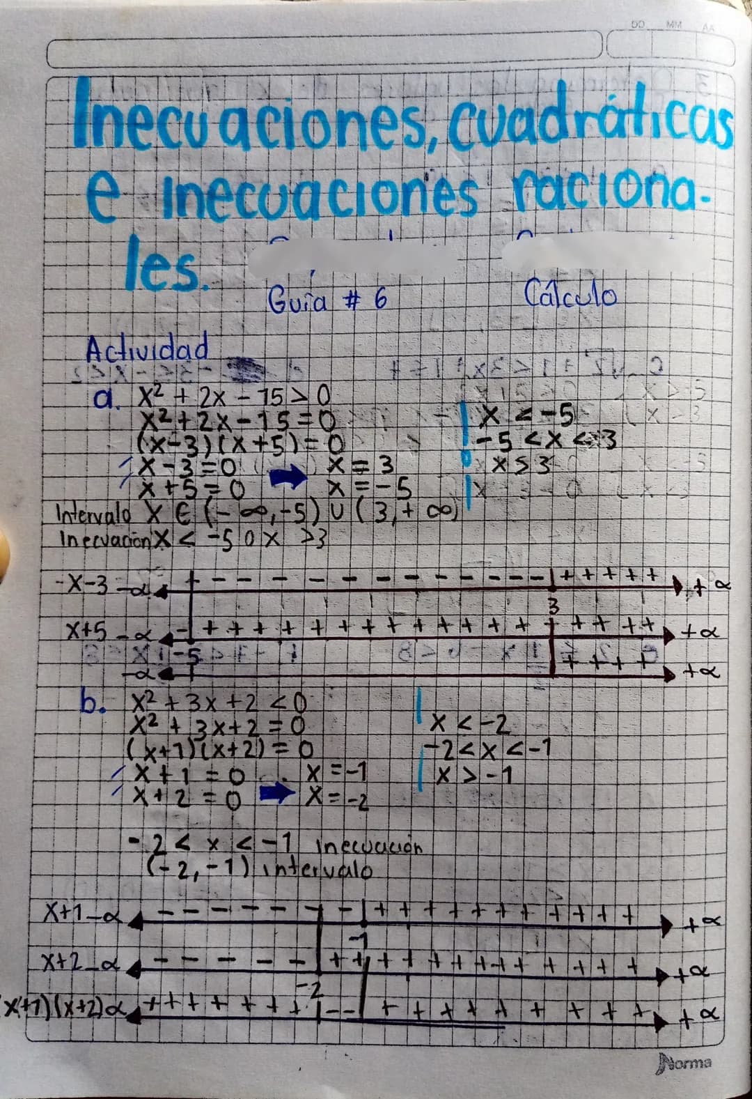 # Inecuaciones, Cuadraticas
e Inecuaciones raciona-
les
Guia #6
Cálculo
Actividad
a. x²+2x-15>0
X²+2x-150×15×3
(x-3)(x+5)=0
X-3=0
X=