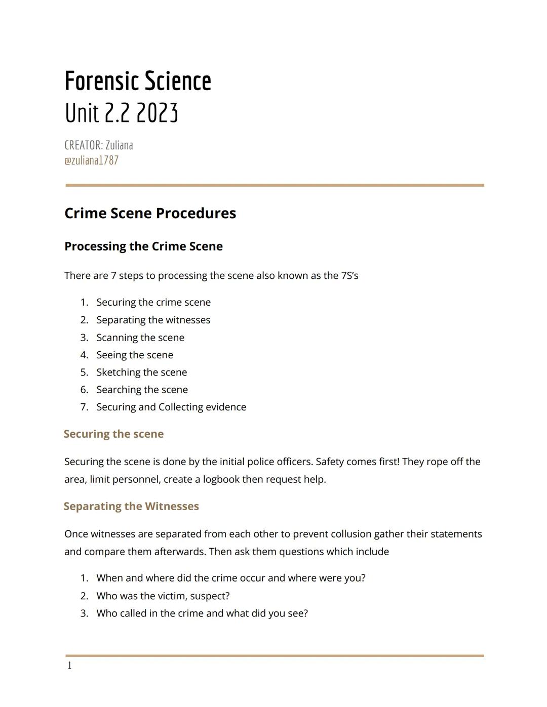 # Forensic Science
Unit 2.2 2023
CREATOR: Zuliana
@zuliana1787
Crime Scene Procedures
Processing the Crime Scene
There are 7 steps to pro