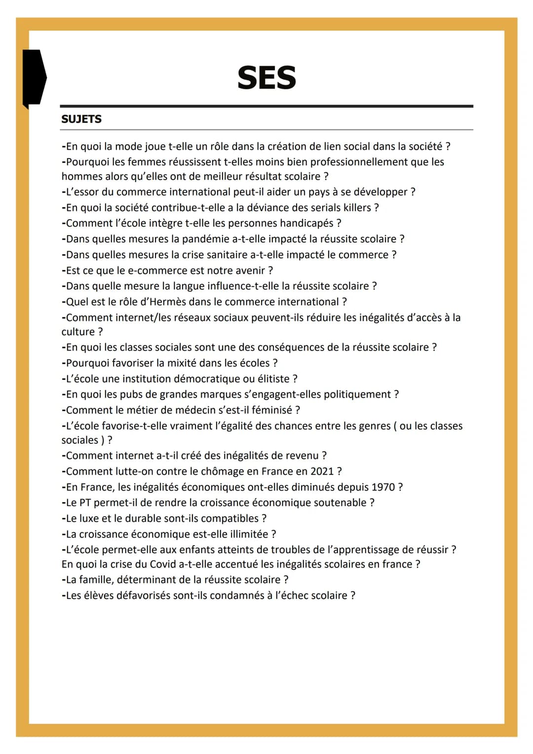SUJETS
SES
-En quoi la mode joue t-elle un rôle dans la création de lien social dans la société ?
-Pourquoi les femmes réussissent t-elles