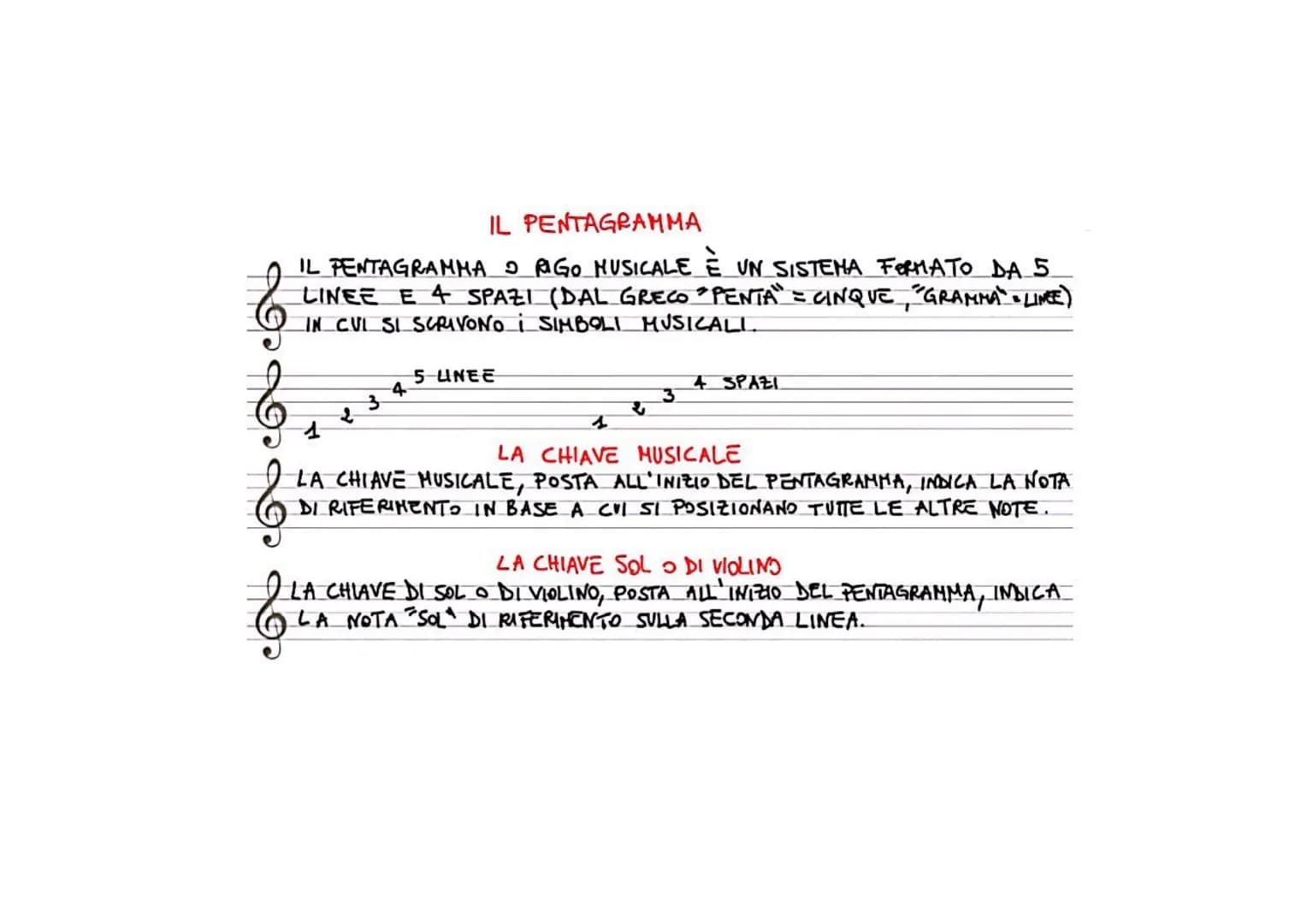 # IL PENTAGRAMMA
IL PENTAGRAMMA RIGO MUSICALE È UN SISTEMA FORMATO DA 5
LINEE E 4 SPAZI (DAL GRECO "PENTA" = CINQUE, "GRAMMA" LINE)
IN CUI