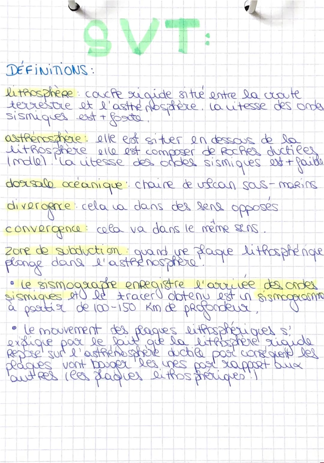 # SVT:
DÉFINITIONS:
lithosphere: couche rigide situé entre la crate
terrestre et l'asthenosphère, la vitesse des onde
sismiques est + fort