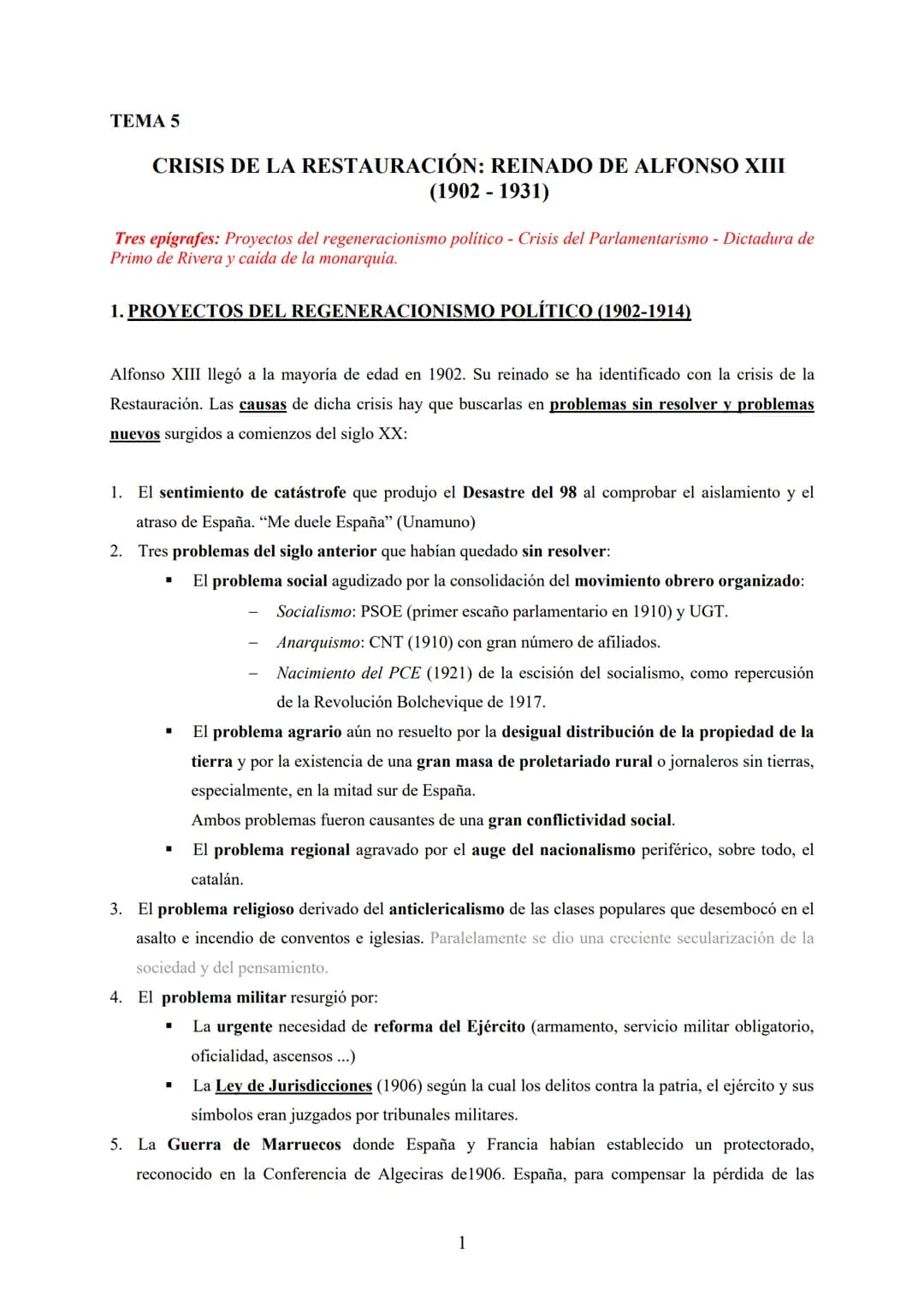 TEMA 5
CRISIS DE LA RESTAURACIÓN: REINADO DE ALFONSO XIII
(1902-1931)
Tres epigrafes: Proyectos del regeneracionismo político - Crisis del