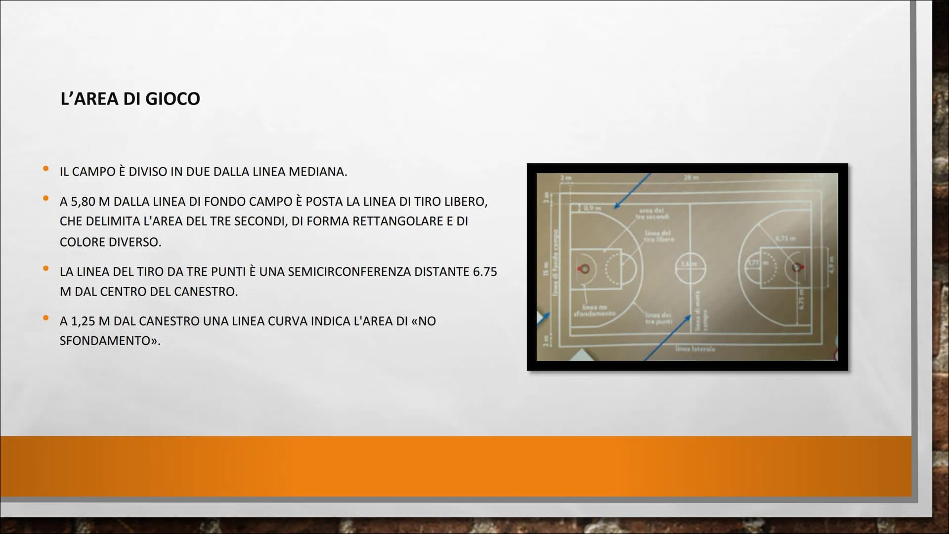 <p>Il campo da basket è diviso in due dalla linea mediana. A 5,80 metri dalla linea di fondo è posta la linea di tiro libero, che delimita