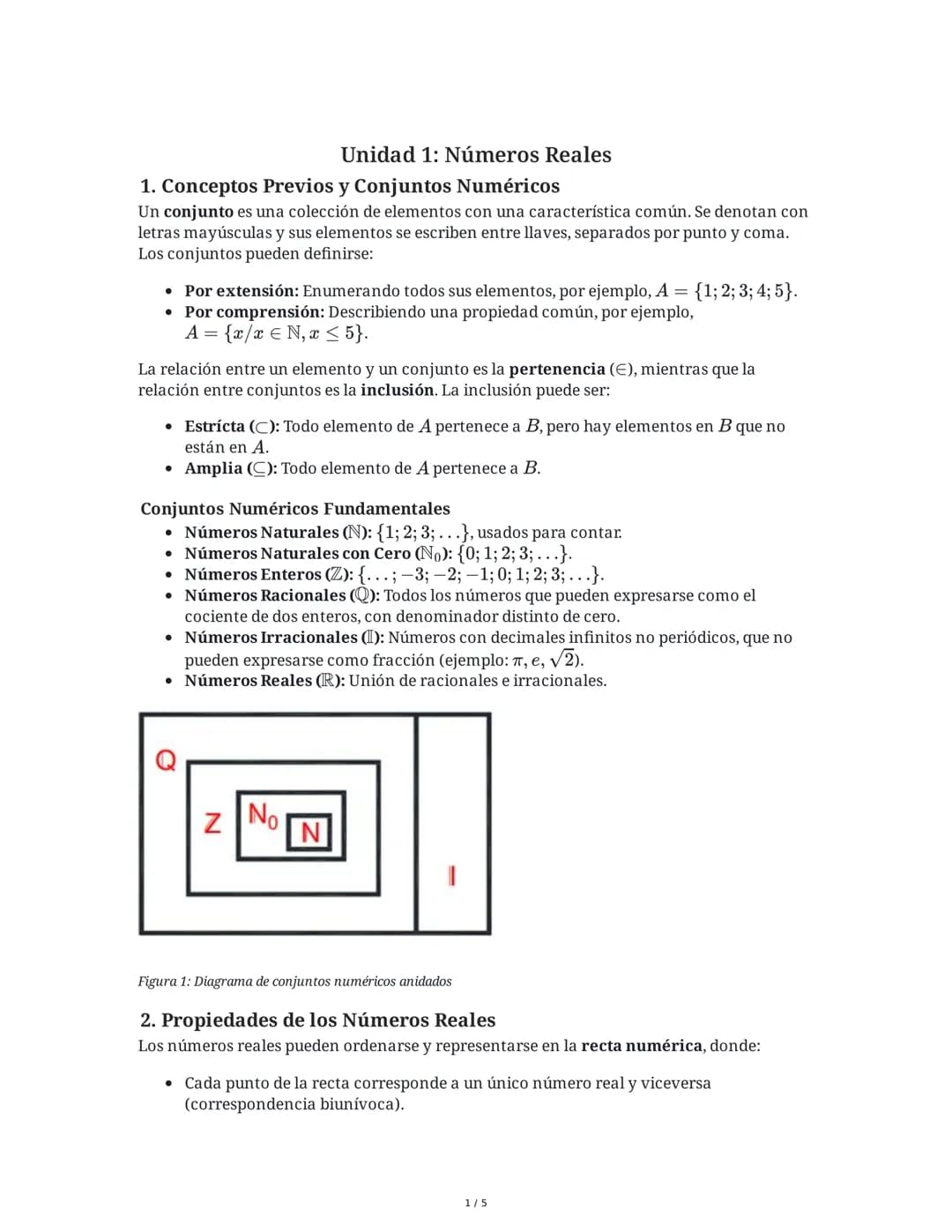 Unidad 1: Números Reales
1. Conceptos Previos y Conjuntos Numéricos
Un conjunto es una colección de elementos con una característica común.