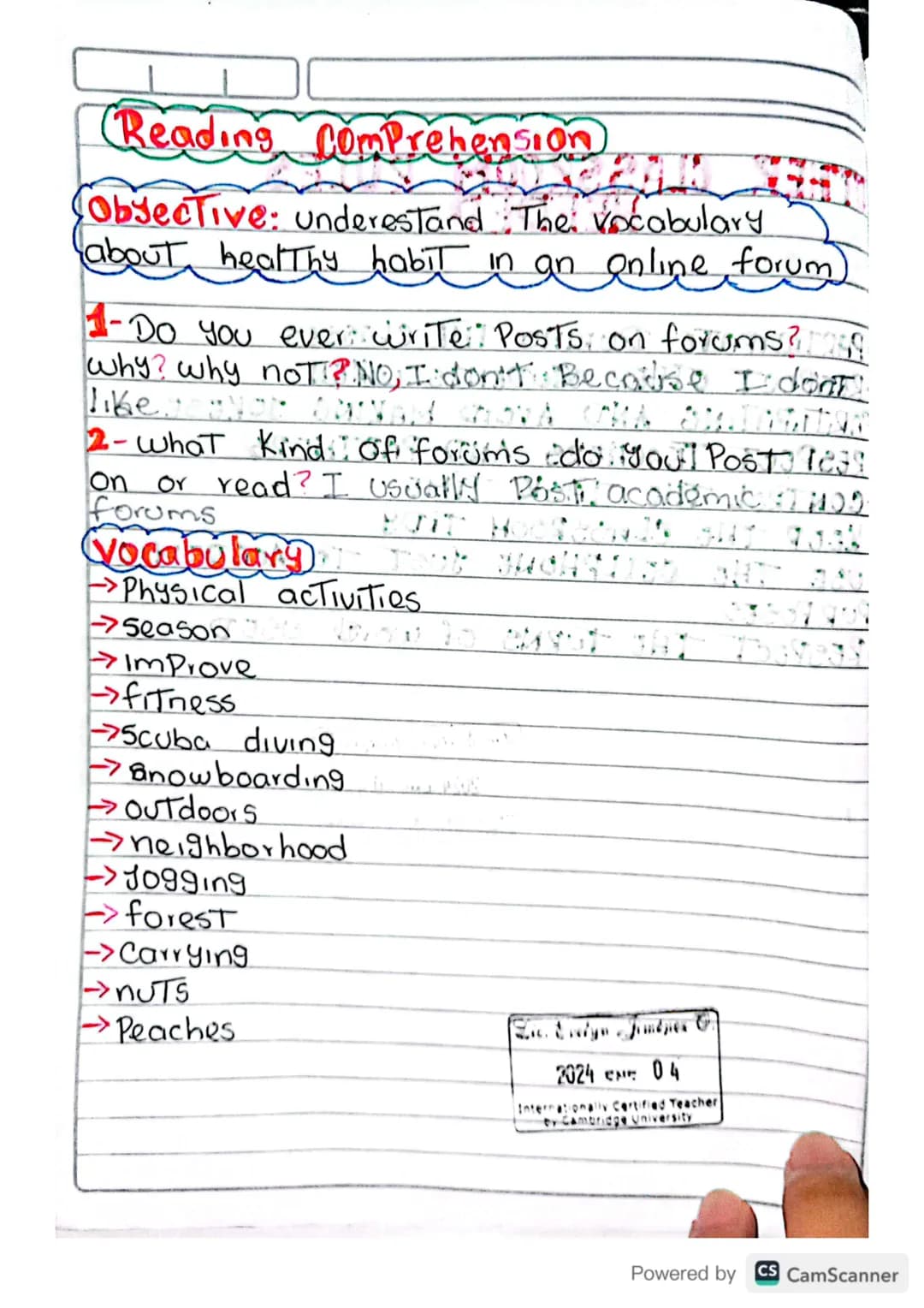 # Reading Comprehension
Objective: underestand: The vocabulary
about healthy habit in an online forum
1-Do you ever write: Posts on forums