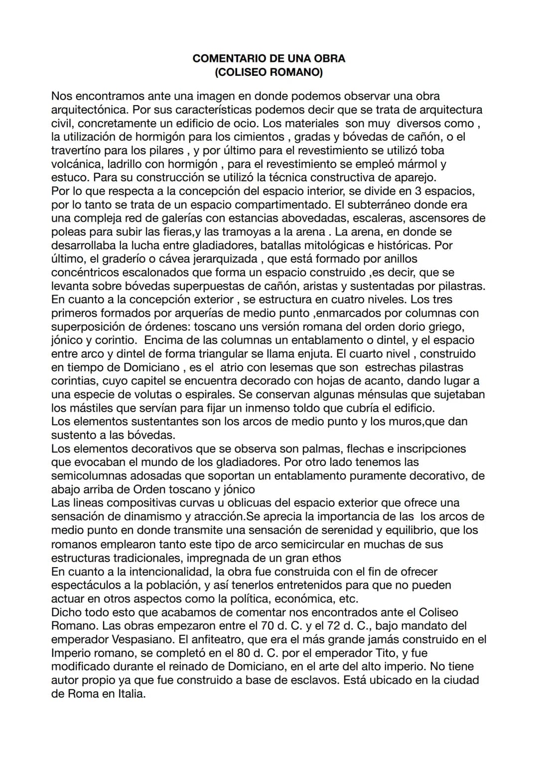 # COMENTARIO DE UNA OBRA
(COLISEO ROMANO)
Nos encontramos ante una imagen en donde podemos observar una obra
arquitectónica. Por sus caract