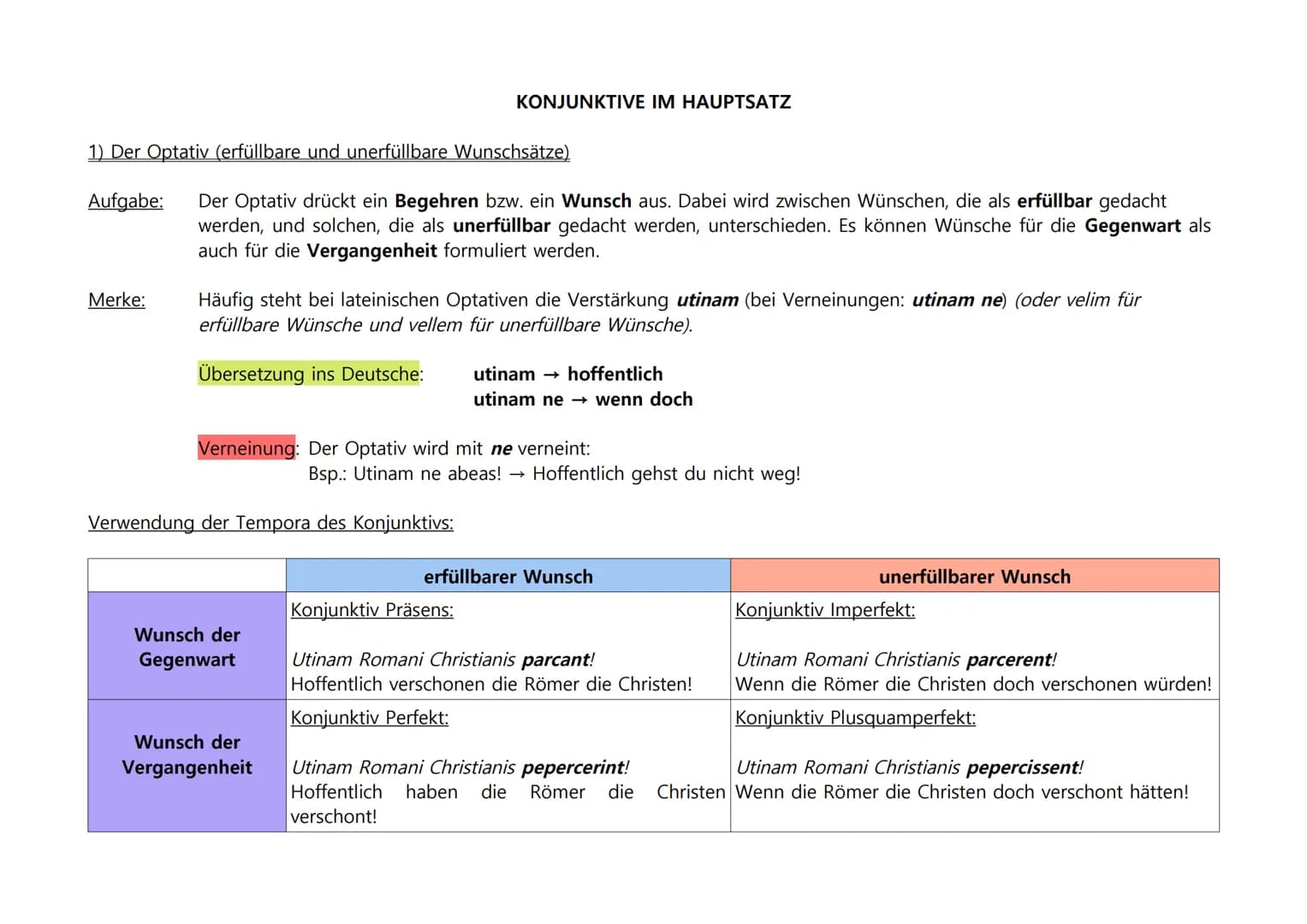 KONJUNKTIVE IM HAUPTSATZ
1) Der Optativ (erfüllbare und unerfüllbare Wunschsätze)
Aufgabe:
Der Optativ drückt ein Begehren bzw. ein Wunsch