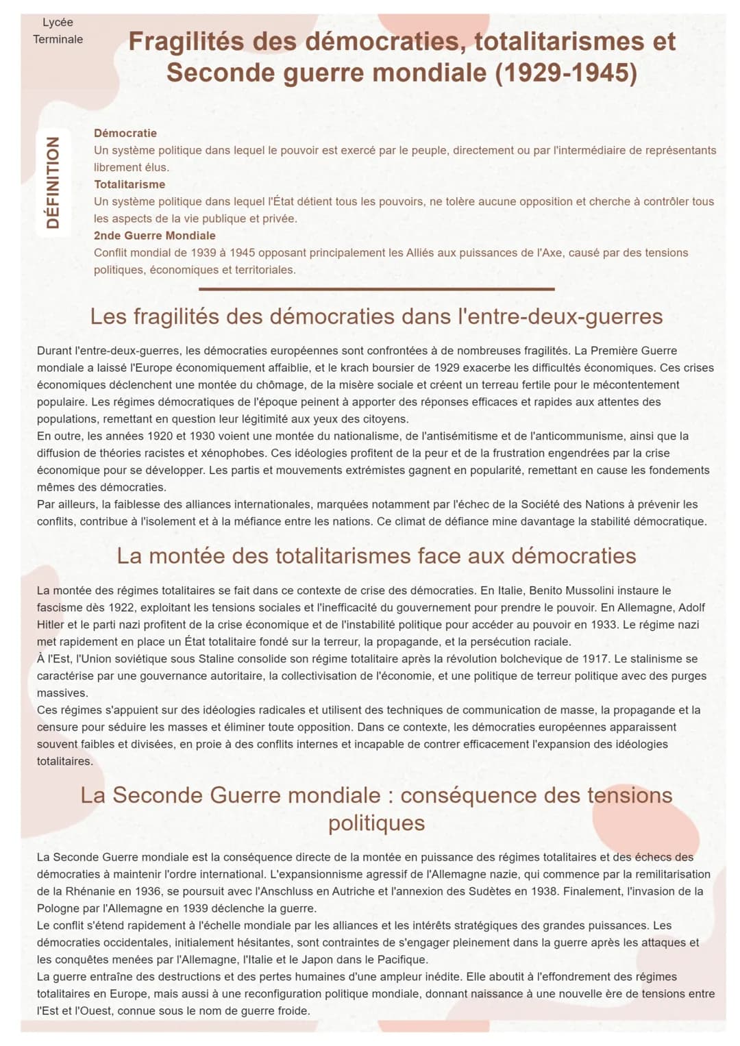 # Lycée
Terminale
# Fragilités des démocraties, totalitarismes et
## Seconde guerre mondiale (1929-1945)
### DÉFINITION
**Démocratie**
U