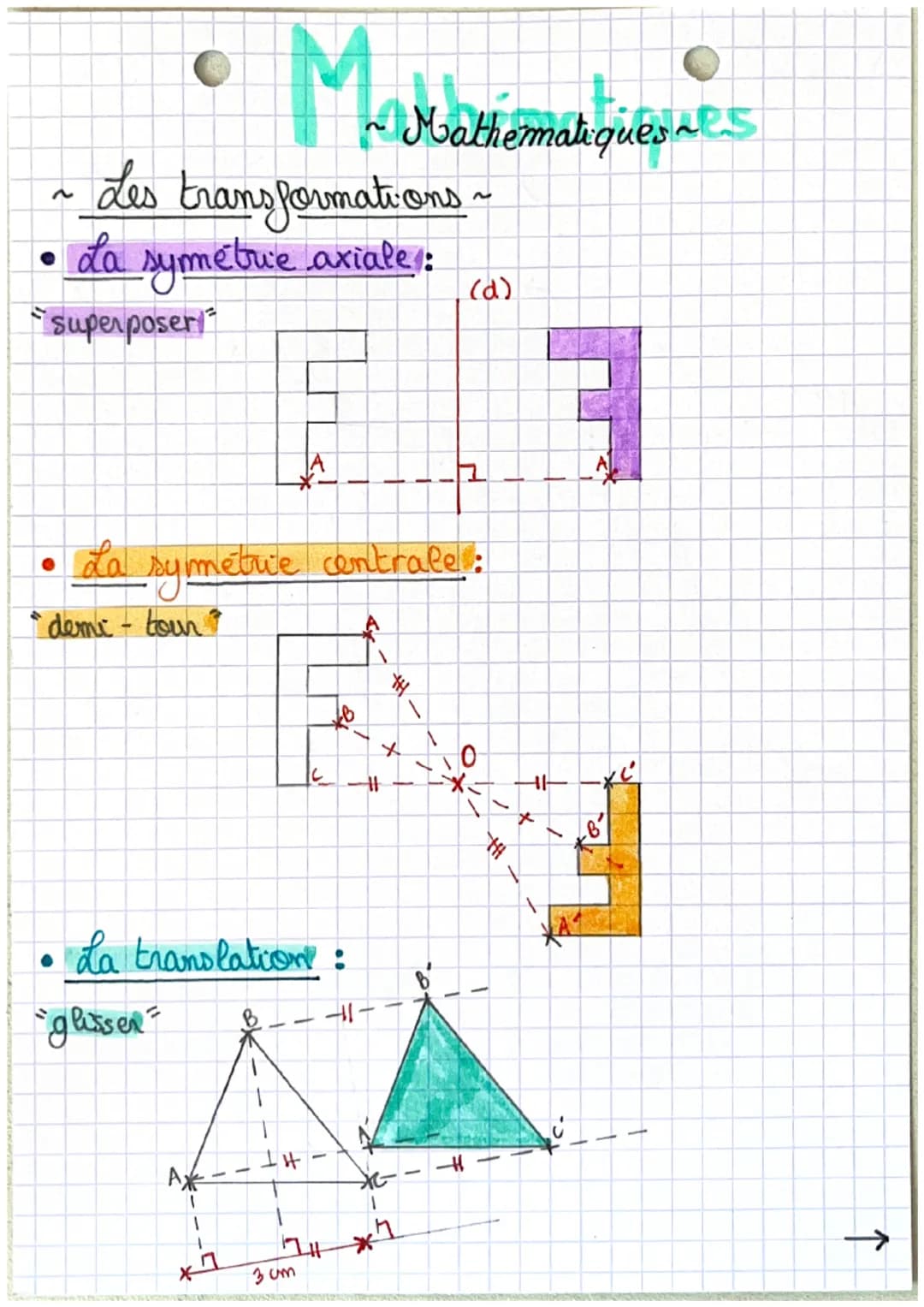 ~Mathematiques
APS
~ Les transformations ~
• La symétue axiale:
"superposer"
(d)
• La symétrie centrale :
"demi - tour"
• La translation:
"g