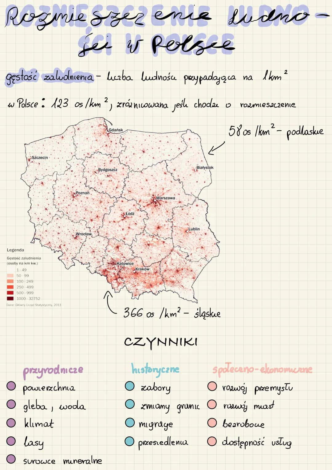 # Rozmie szer ence ludno-
Sei w Polsce
gęstość zaludnienia - liczba ludnośca paypadająca na $1km^2$
w Polsce: 123 os/km², zrózniwwana jesh