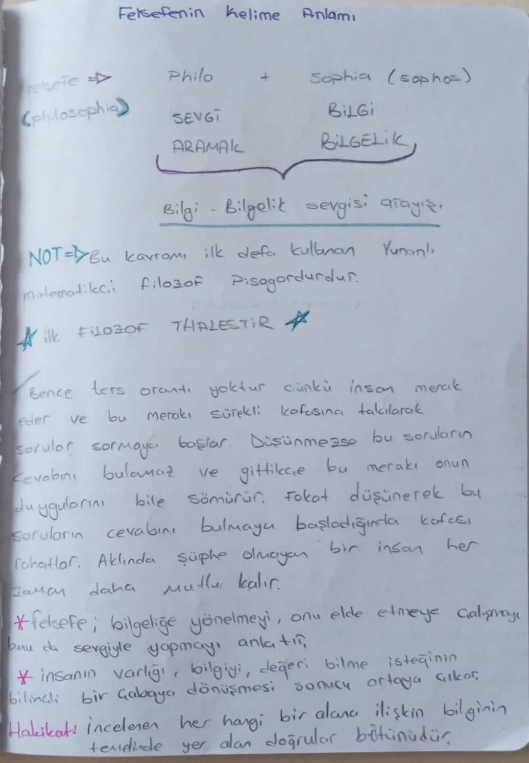 Felsefenin Kelime Anlamı
Telsete
Philo
+
Sophia (sophos)
(philosophia)
SEVGI
BİLGİ
ARAMAIL
BILGELİK, Lik
Bilgi - Bilgelik sevgisi arayışı