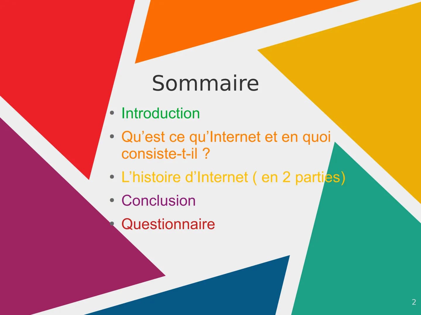Internet Sommaire
• Introduction
• Qu'est ce qu'Internet et en quoi
consiste-t-il?
• L'histoire d'Internet (en 2 parties)
• Conclusion