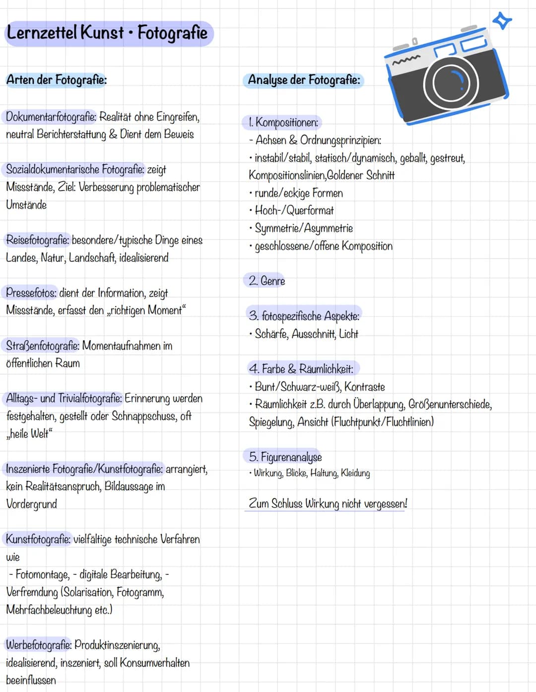 # Lernzettel Kunst. Fotografie
Arten der Fotografie:
Dokumentarfotografie: Realität ohne Eingreifen,
neutral Berichterstattung & Dient dem