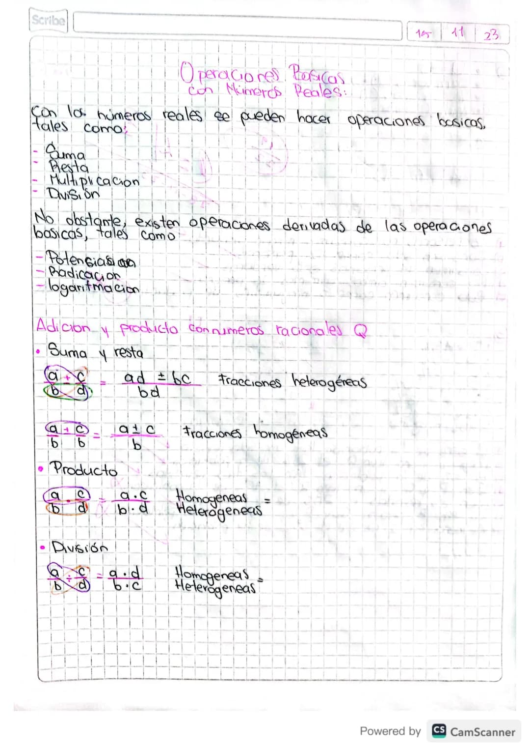Scribe
15
11 23
Operaciores. Pasicas
con Numerds Peales:
Con la números reales se pueden hacer operaciones basicas,
tales como:
- Suma
- P