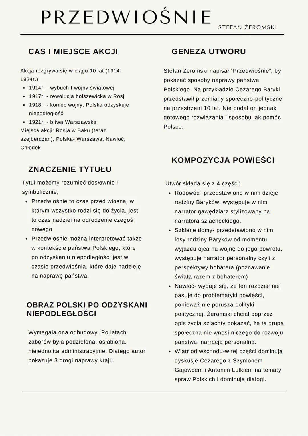 # PRZEDWIOŚNIE
STEFAN ZEROMSKI
# CAS I MIEJSCE AKCJI
Akcja rozgrywa się w ciągu 10 lat (1914-
1924r.)
* 1914r. wybuch I wojny światowe