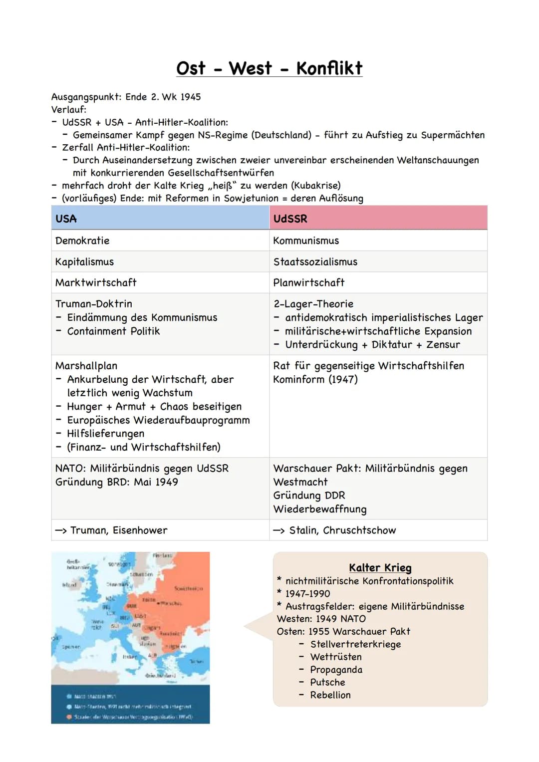 # Ost West - Konflikt
Ausgangspunkt: Ende 2. Wk 1945
Verlauf:
- UdSSR + USA - Anti-Hitler-Koalition:
- Gemeinsamer Kampf gegen NS-Regi