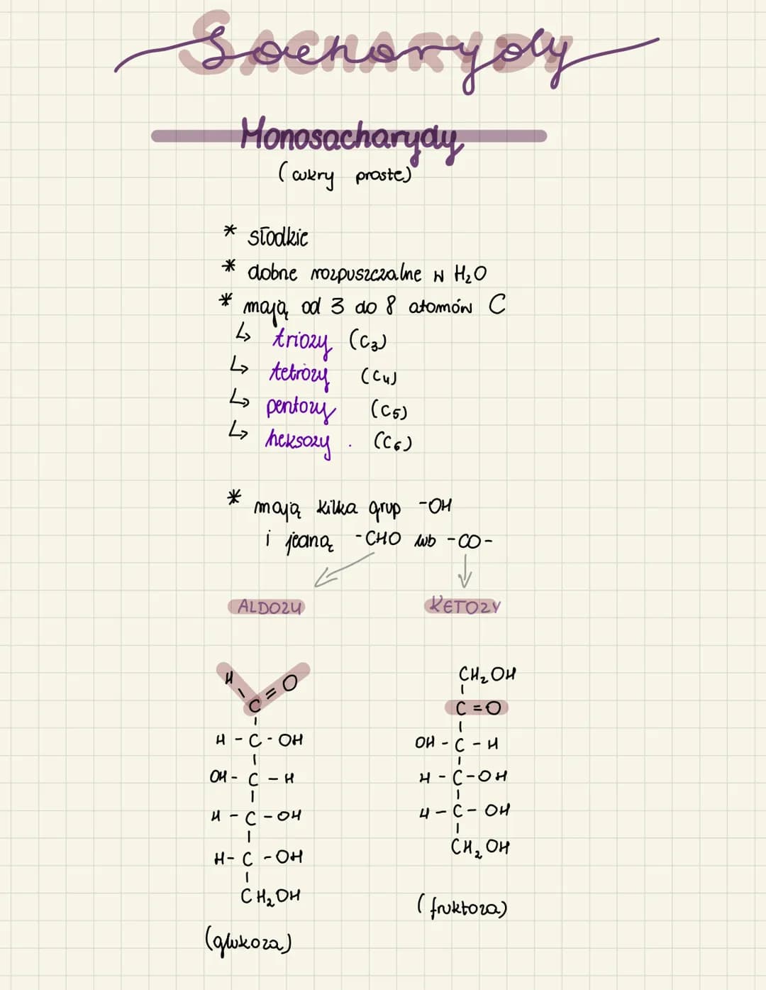 Sochoryoly
Monosacharydy
(wkry proste)
* słodkie
* dobne rozpuszczalne w H₂O
* mają od 3 do 8 atomón C
L↳ triozy (Ca)
↳ tetrory (Cu)
↳ pen