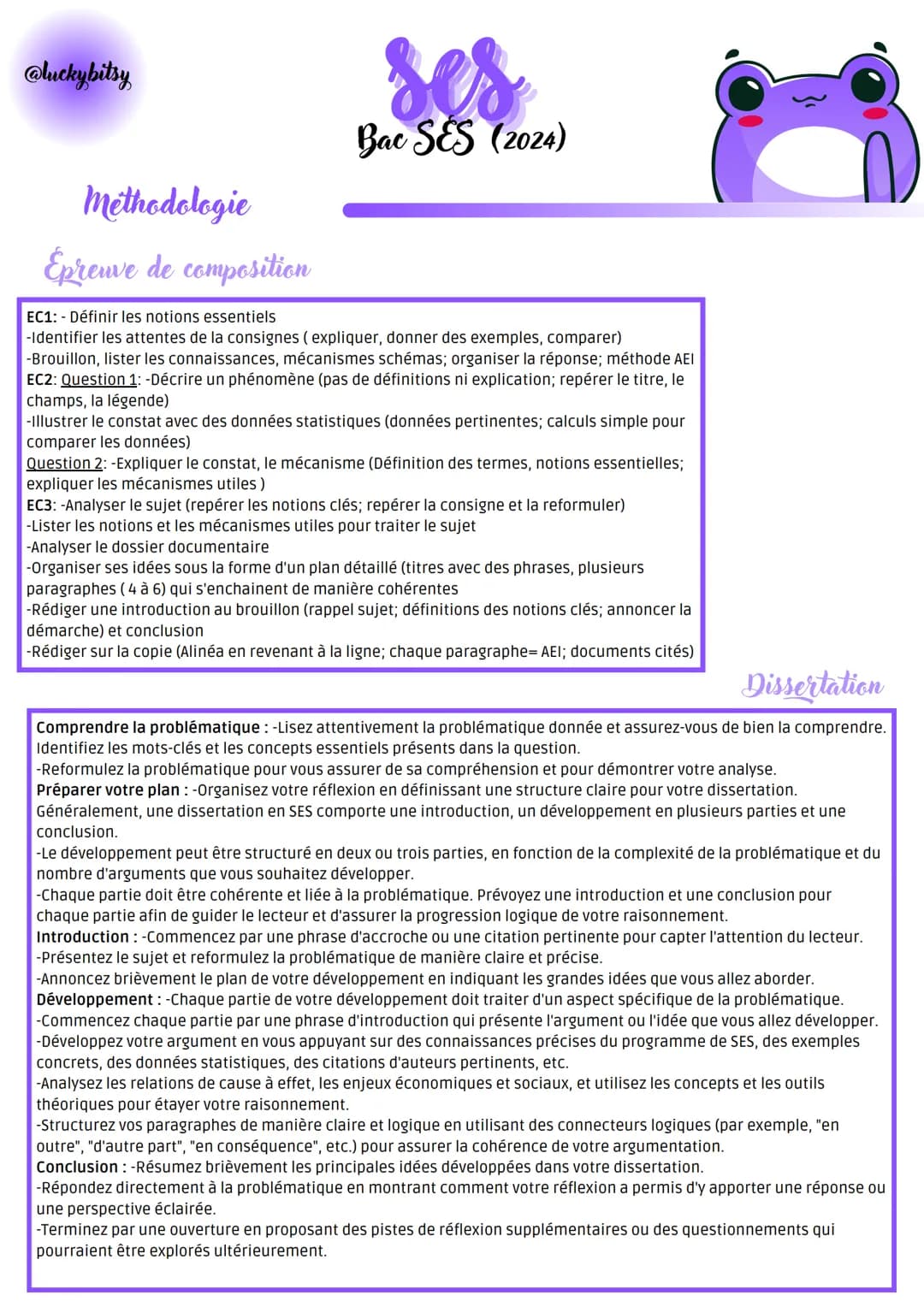 @luckybitsy
# Methodologie
## Épreuve de composition
Bac SES (2024)
- EC1: Définir les notions essentiels
-Identifier les attentes de la