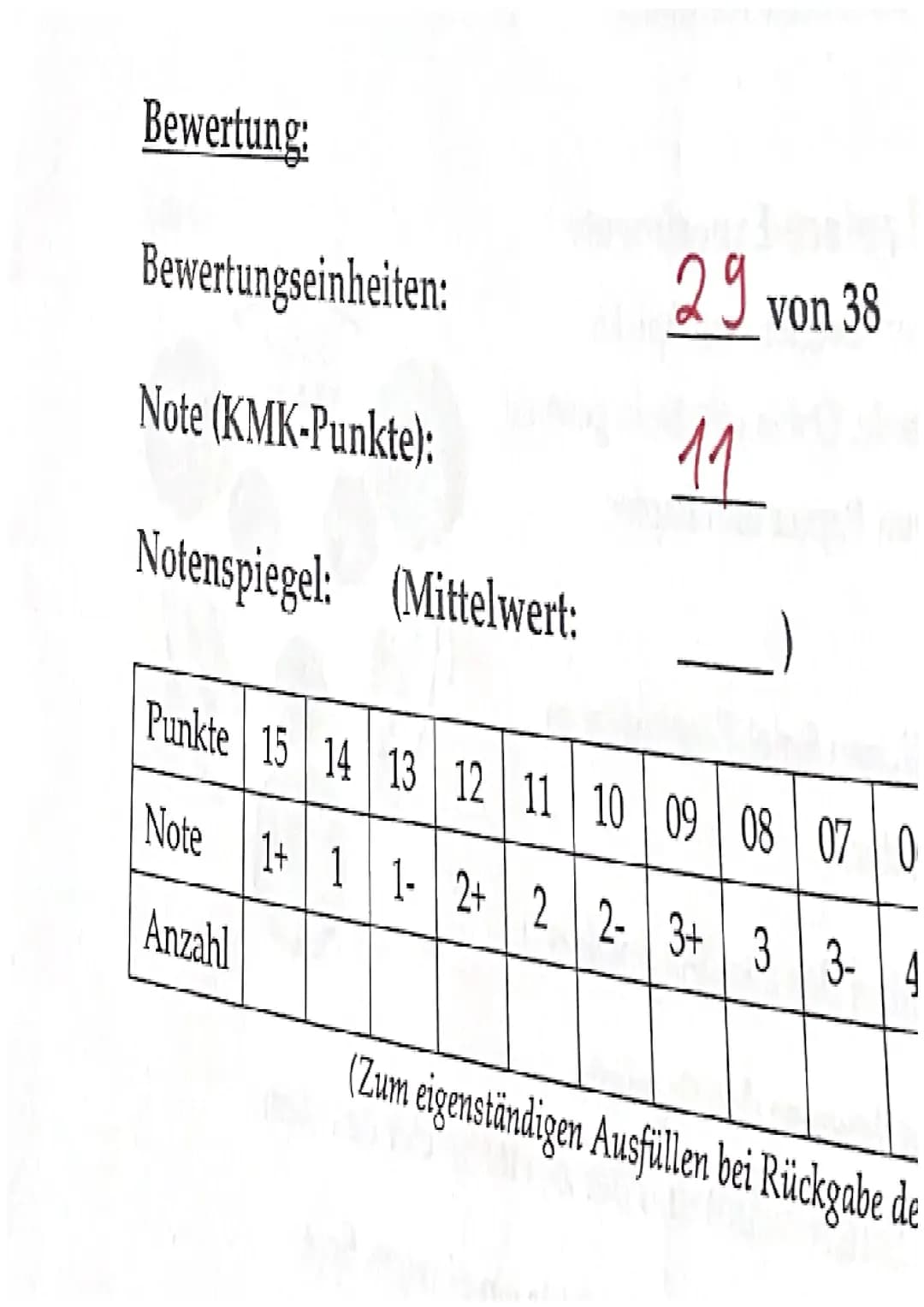 Bewertung:
Bewertungseinheiten:
29 von 38
Note (KMK-Punkte):
11
Notenspiegel: (Mittelwert: _)
| Punkte | 15 | 14 | 13 | 12 | 11 | 10 | 09 |