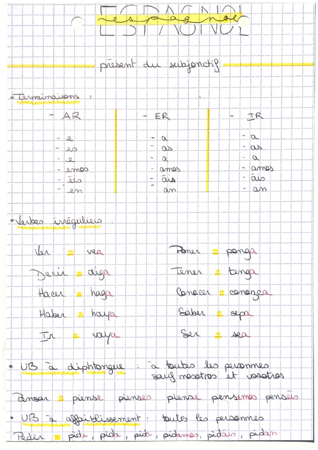 # ESPAGNOL
Termeimaisons
present du subjonctif
- AR
- ER
- IR
- e
- a
- a
- es
- as
- as
- e
- a
- a
- emos
- amos
- amos
- éis
- áis
- á
