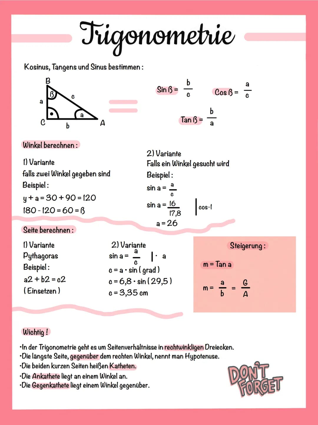 # Trigonometrie
Die Seitenverhältnisse im rechtwinkeligen Dreieck ABC mit y = 90° heißen :
Sinus a =
Gegenkathete zu a
Hypotenuse
A
a