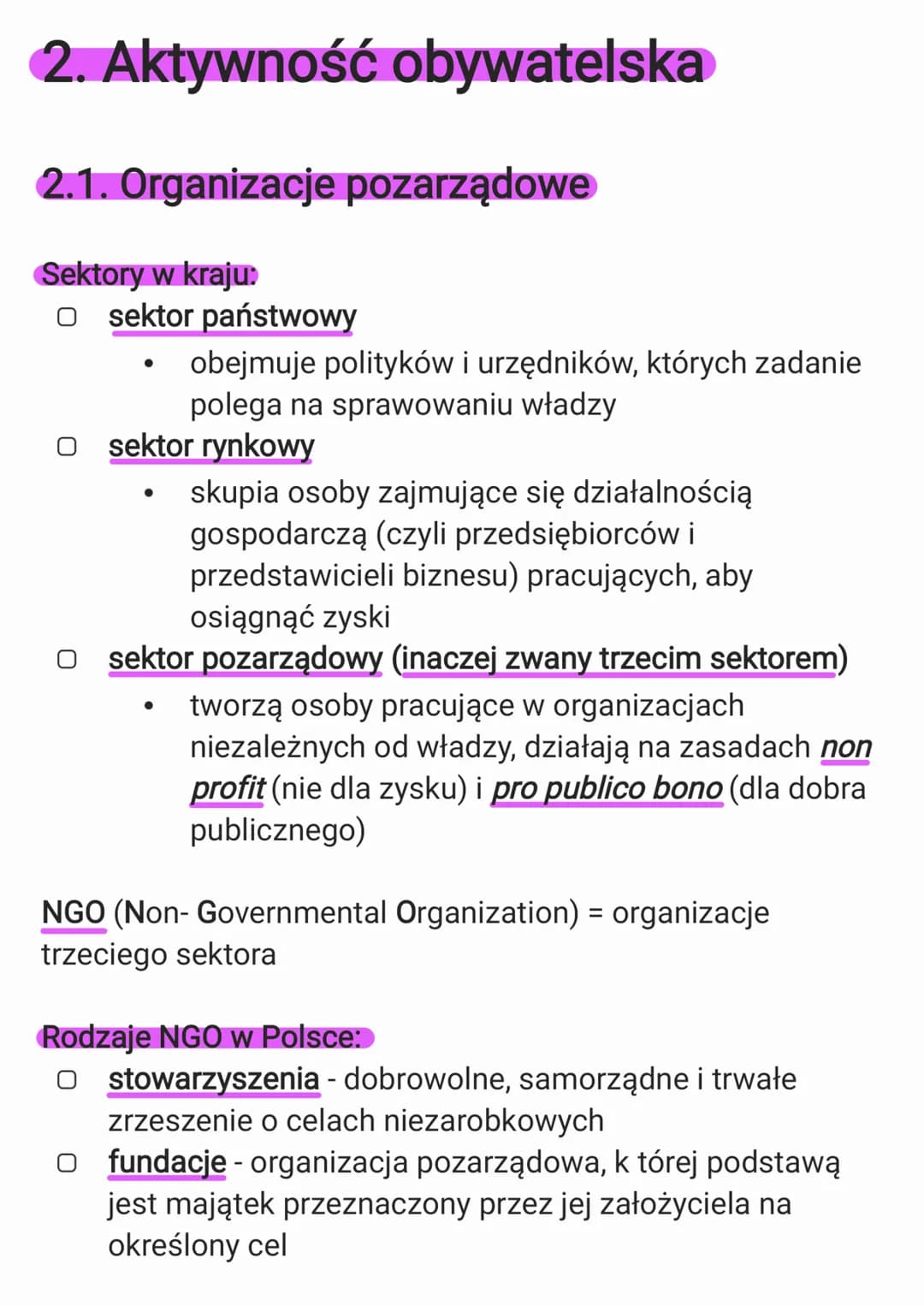 ## 2. Aktywność obywatelska
### 2.1. Organizacje pozarządowe
Sektory w kraju:
* sektor państwowy
* obejmuje polityków i urzędnikó