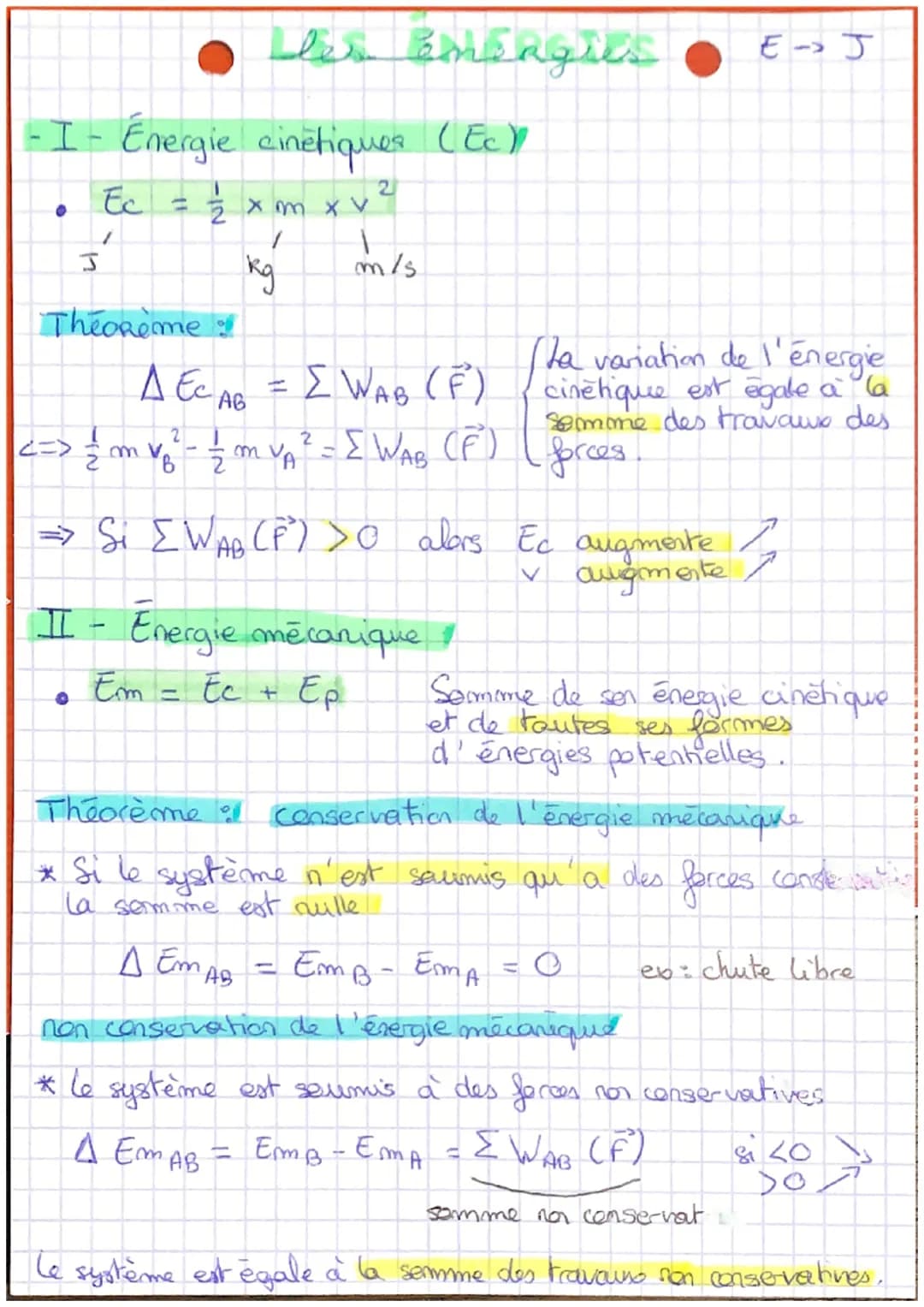 # les émeagres
-I- Énergie cinètiques (Ec)
• $Ec = \frac{1}{2} xm x v²$
니
2
kg
m/s
EJ
Theoreme
$\Delta EC_{AB} = \sum W_{AB} (F)$