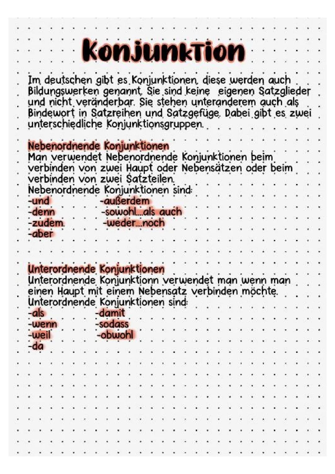 # Konjunktion
Im deutschen gibt es Konjunktionen, diese werden auch
Bildungswerken genannt. Sie sind keine eigenen Satzglieder
und nicht ve
