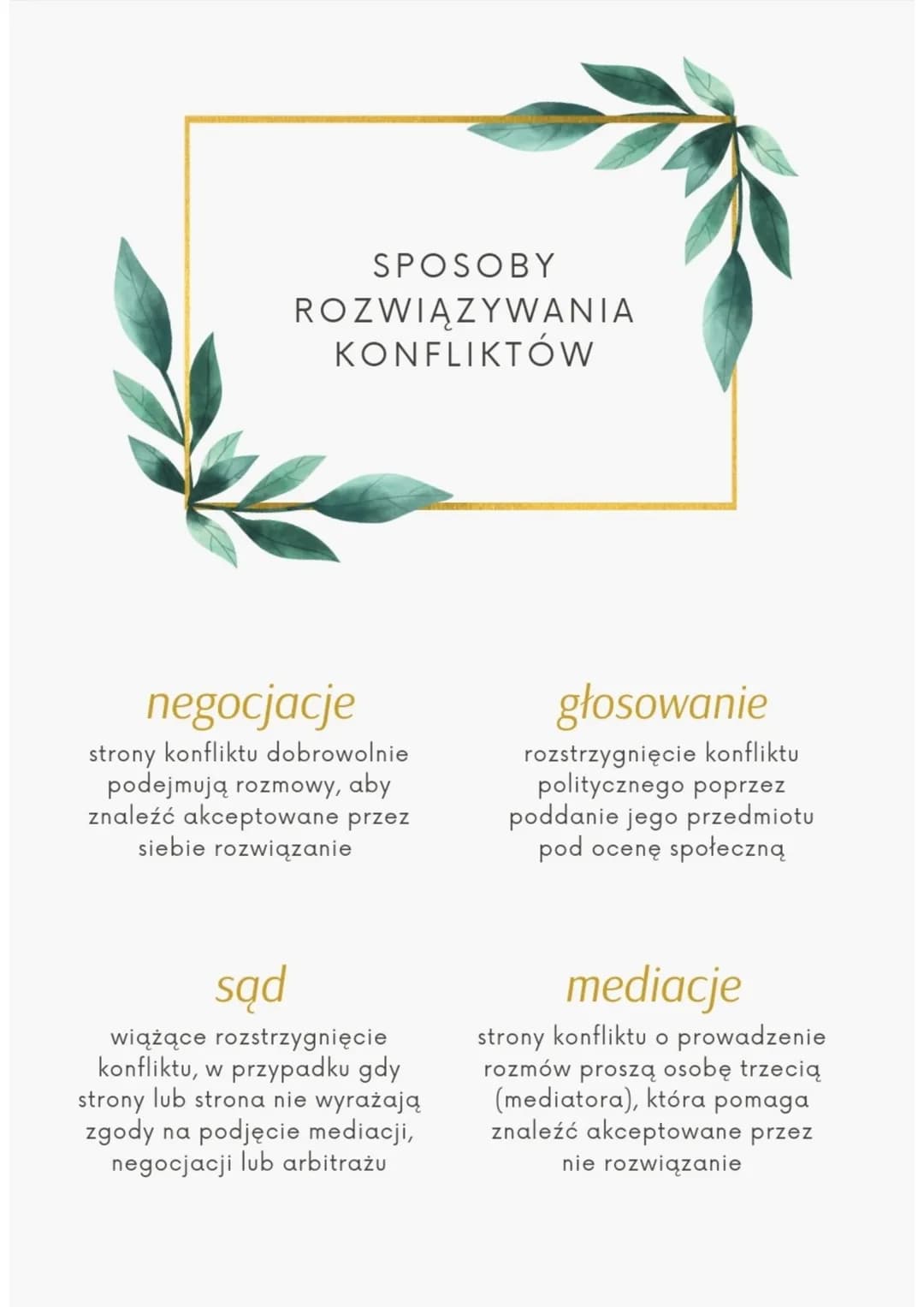 SPOSOBY
ROZWIĄZYWANIA
KONFLIKTÓW
negocjacje
strony konfliktu dobrowolnie
podejmują rozmowy, aby
znaleźć akceptowane przez
siebie rozwiązani
