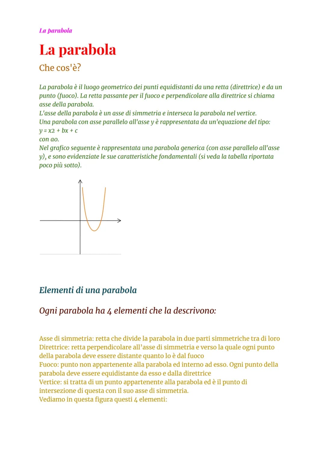 # La parabola
# La parabola
Che cos'è?
La parabola è il luogo geometrico dei punti equidistanti da una retta (direttrice) e da un
punto (