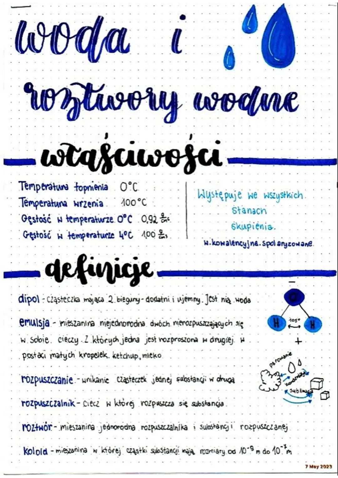 # woda i
roztwory wodine
- właściwosci
Temperatura topnienia O°C.
Temperatura wrzenia 100°C
Gęstość w temperaturze. O°C 0,92
Gęstość w