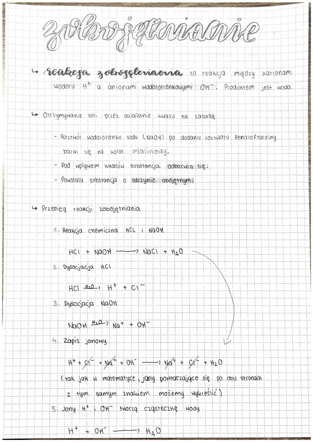 # zobojętnianie
→ reakcja zobojęteriaeria to reakcja między kationami
wodoru Ht a anionami wodorotlenkowymi OH. Produktem jest woda.
→ Otr