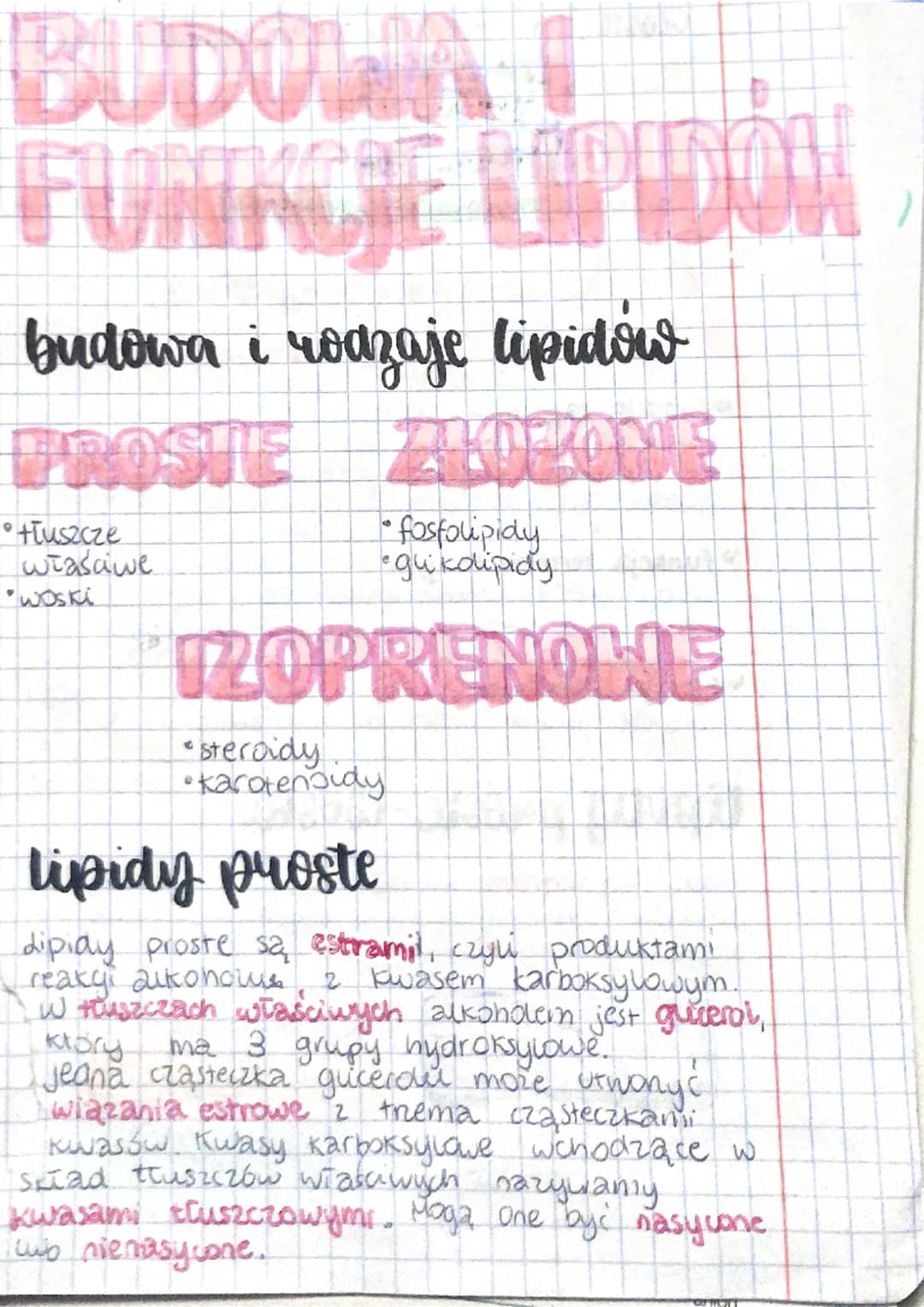 # BUDOWA I
# FUNKCJE LIPIDON
budowa i rodzaje lipidow
PROSTE Z46DEKONE
* tłuszcze *fosfolipidy
właściwe *gu klipidy
* Woski
IZOPRENO
