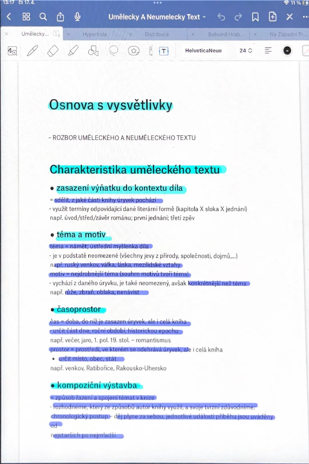 # Osnova s vysvětlivky
- ROZBOR UMĚLECKÉHO A NEUMĚLECKÉHO TEXTU
# Charakteristika uměleckého textu
- zasazení výňatku do kontextu díla
