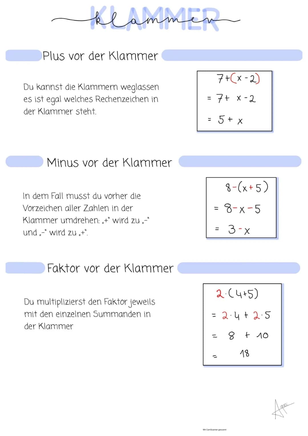 # klammen
Plus vor der Klammer
Du kannst die Klammern weglassen
es ist egal welches Rechenzeichen in
der Klammer steht.
```
7+(x-2)
= 7+