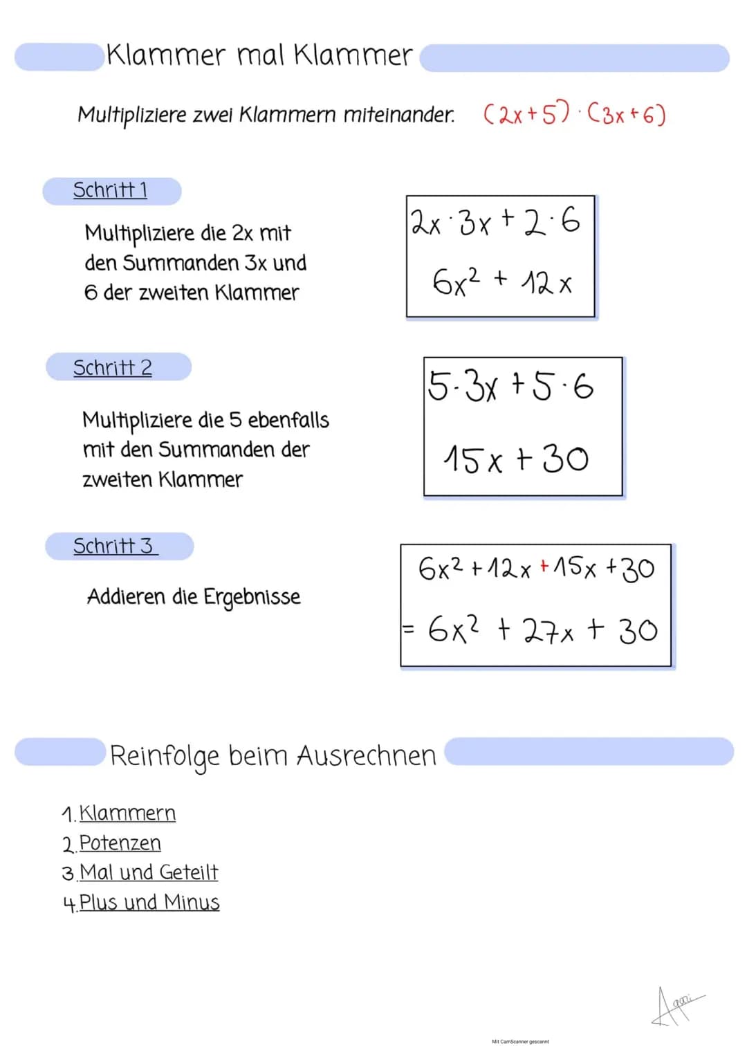 # klammen
Plus vor der Klammer
Du kannst die Klammern weglassen
es ist egal welches Rechenzeichen in
der Klammer steht.
```
7+(x-2)
= 7+