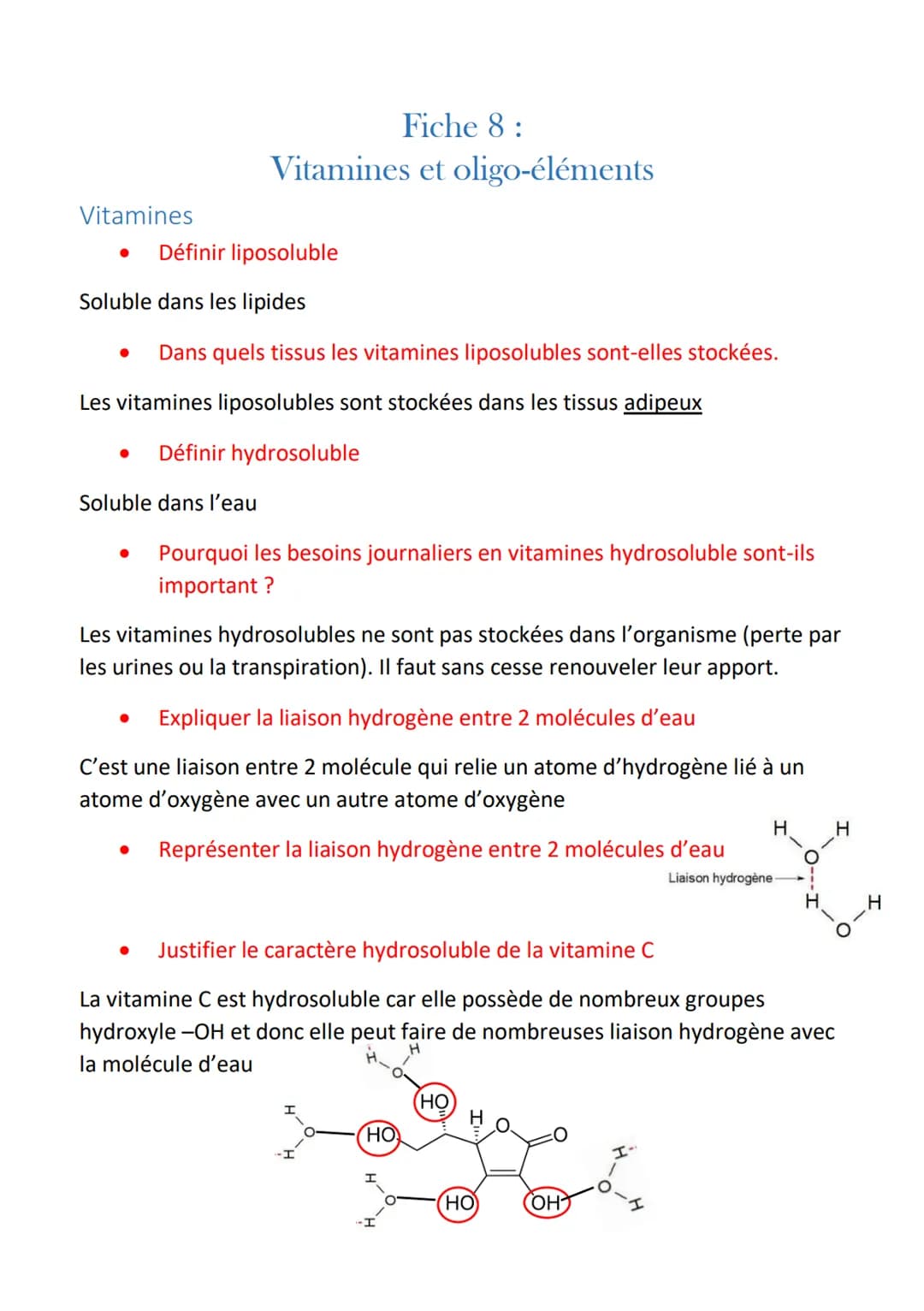 # Vitamines
Fiche 8:
Vitamines et oligo-éléments
- Définir liposoluble
Soluble dans les lipides
- Dans quels tissus les vitamines liposol
