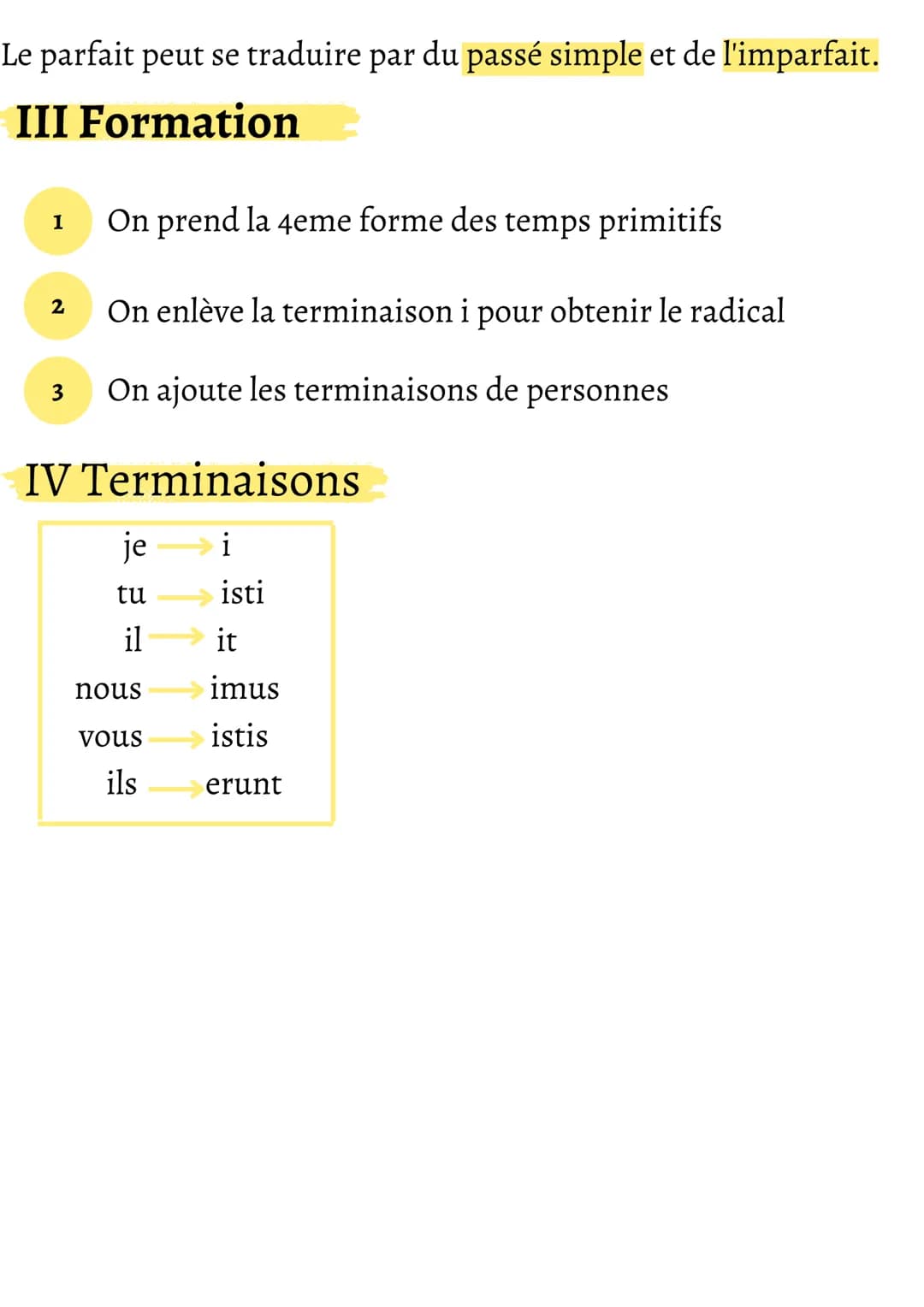 # Le parfait
I Les temps primitifs
AMO AMAS AMARE AMAVI: AIMER
Présent 2eme Infinitif Parfait
1er personne personne
du sindulier du sin