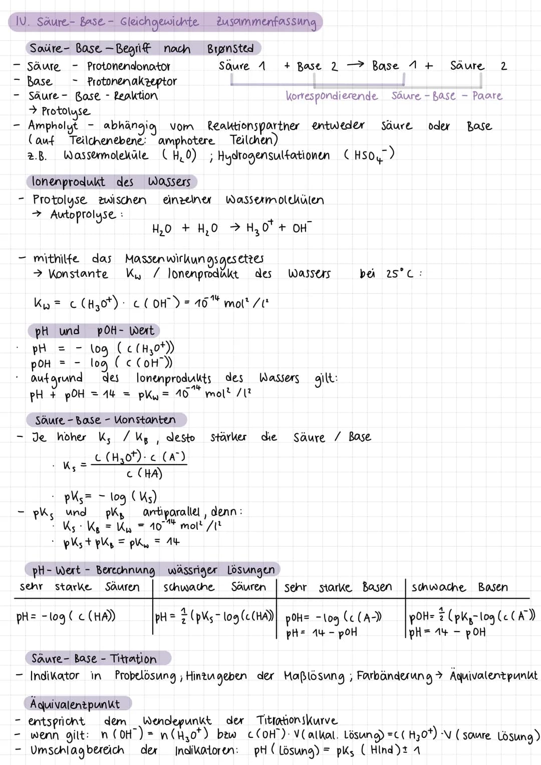 IV. Säure-Base-Gleichgewichte zusammenfassung
Saüre-Base-Begriff nach Brønsted
- Säure - Protonendonator Säure 1 + Base 2 → Base 1+ Säure