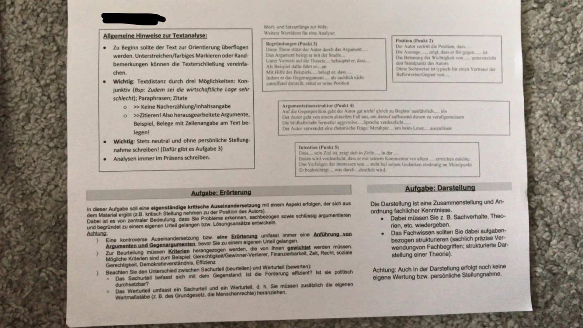Methodenblatt: Textanalysen & Eröterung in Sozialwissenschaften (argumentativer Text)
1. Einleitung (WAS?)
a) Textsorte
b) Verfasser (& Fu