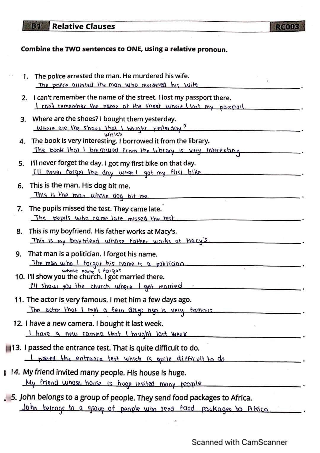 B1
Relative Clauses
RC001
Complete the sentences with relative pronouns from the box.
THAT - WHEN - WHERE - WHICH - WHO - WHOM-WHOSE - WHY