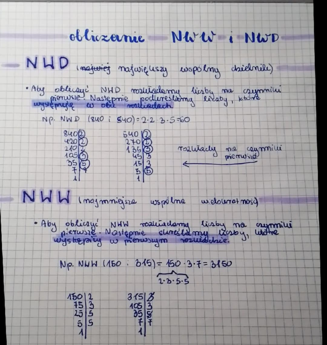 obliczanie
Now i NWD
NWD najwiej największy wspólny chielnile)
• Aby obliczyć NHD rozlutadamy liczby me symini
Lastępnie podleresliomy lic