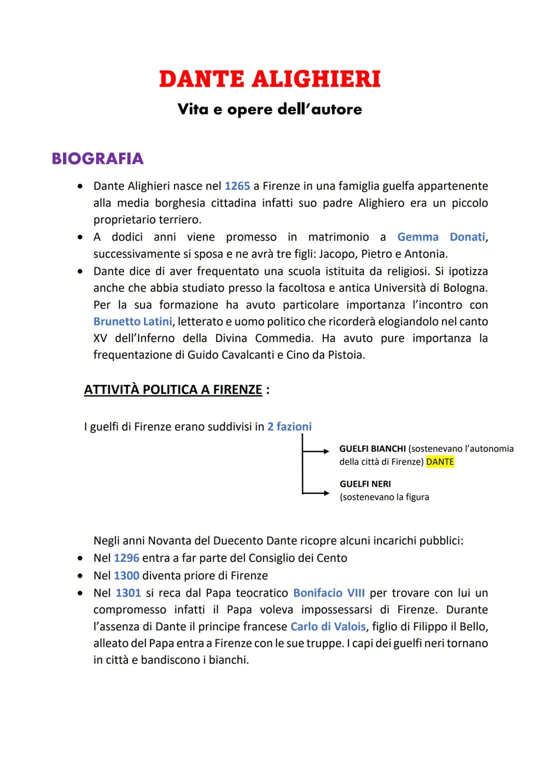 # DANTE ALIGHIERI
Vita e opere dell'autore
BIOGRAFIA
* Dante Alighieri nasce nel 1265 a Firenze in una famiglia guelfa appartenente
all