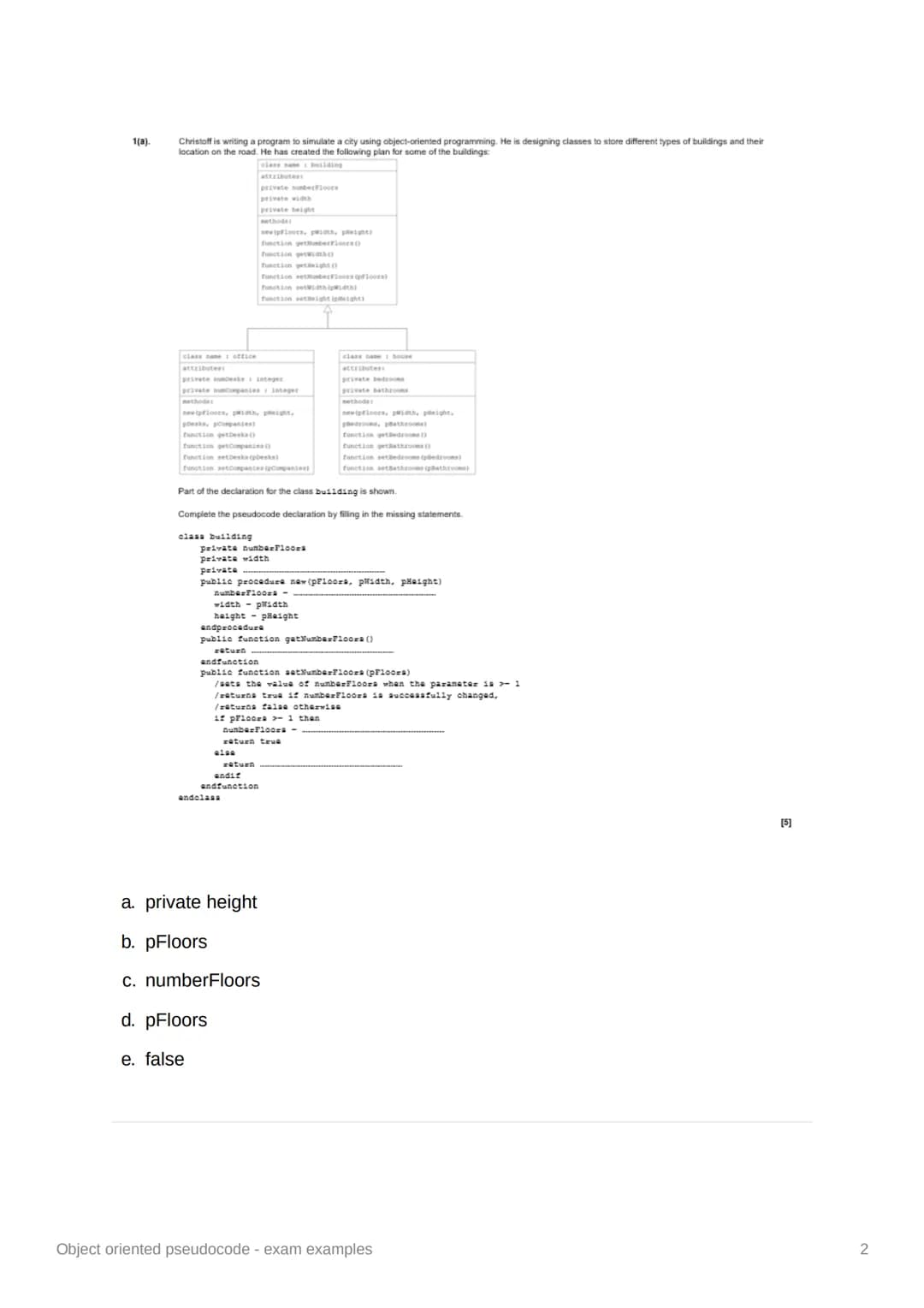 Object oriented pseudocode - exam examples 1(3)
Christoff is writing a program
simulate a city using object-oriented programming
created
of