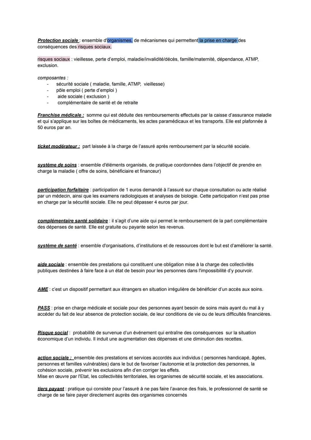 Protection sociale: ensemble d'organismes, de mécanismes qui permettent la prise en charge des
conséquences des risques sociaux.
risques so
